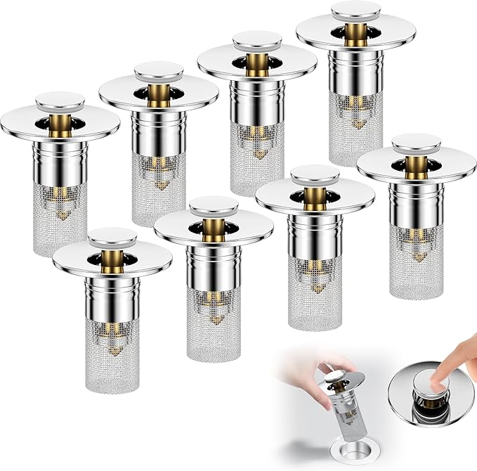 Vodolo 3 in 1 Sink Drain Strainer with Hair Catcher,8PCS Stainless Steel Popup Sink Stopper with Basket for Bathroom Kitchen Shower,Pop-up Bounce Core Floor Basin Drain Filter,Replacement Sink Plug