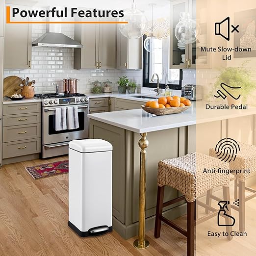Garvee 8 gal/30 L Kitchen Trash Can, Fingerprint-Proof Stainless Steel Garbage Can with Soft-Close Lid, Recycle Bin with Removable Inner Buckets and Foot Pedal for Office Bedroom Bathroom, White