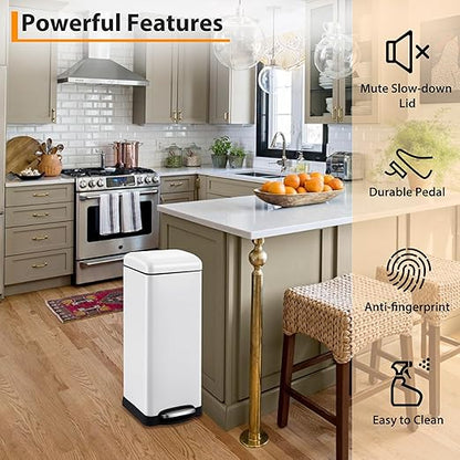 Garvee 8 gal/30 L Kitchen Trash Can, Fingerprint-Proof Stainless Steel Garbage Can with Soft-Close Lid, Recycle Bin with Removable Inner Buckets and Foot Pedal for Office Bedroom Bathroom, White