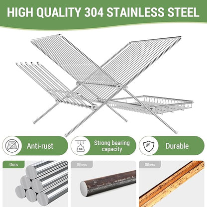 Dish Rack with Drip Tray, Stainless Steel 3-Tier Collapsible Drainer Dish Drying Rack for Kitchen Counter, Sink, Countertop,Cutlery, Dishes Utensils Flatware Holder Set, Reversible Cup Draining Rack