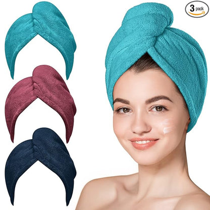 Hicober Microfiber Hair Towel, Hair Turbans for Wet Hair, Drying Hair Wrap Towels for Curly Hair Women Anti Frizz, 3 Packs (Plum,Navy,Aqua Green)