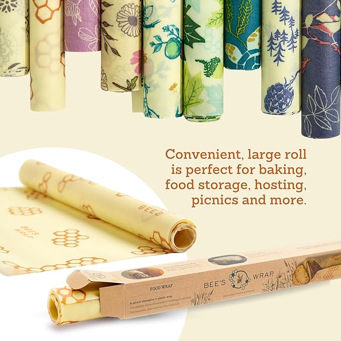 Bee's Wrap Beeswax Wraps for Food - Cut to Size 14x52" Beeswax Wrap Roll - Plastic Free Made in USA Reusable Natural Food Wrap - Garden Party