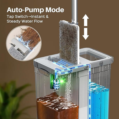 Mop and Bucket Set with AUTO Pump, 3-Zone Separate Dirty and Clean Water, Flat Mop and Bucket System with Wringer and Wheels, 4 Reusable Microfiber Pads, One-Touch Water Filling for Home Cleaning