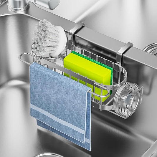 Cisily Kitchen Sink Caddy Sponge Holder in The Sink, Stainless Steel Kitchen Sink Organizer, Brush Holder, Dish Cloth Hanger, Sink Stopper Holder (Hanging-Silver)