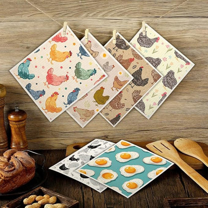 Swedish Dishcloths for Kitchen | 6 Pack Floral Reusable Paper Towels Washable | Swedish Dish Towels | Non-Scratch Cellulose Sponge Cloths | No Odor, Biodegradable Cleaning Cloths, Chicken