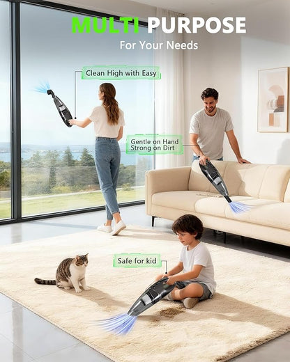 Handheld Vacuum Cordless, 11KPA Strong Suction & 25 Mins Runtime Brushless Motor, Rechargeable Car Vacuum Cleaner with 2 HEPA Filter/Multi-Accessories/Lightweight, for Home/Car/Office Cleaning