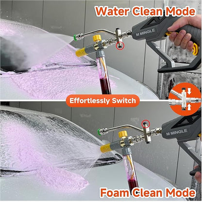 M MINGLE Pressure Washer Gun with Mini Foam Cannon, Dual Connector Accessory, Undiluted Foam Blaster with 5 Nozzle Tips, 1/4" Quick Connect for Car Wash, Patio, Deck Cleaning