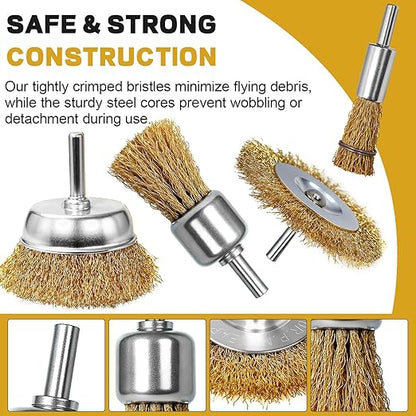 9 Pcs Carbon Steel Wire Brush for Drill Rust Removal Kit,Wire Wheels and Pen Metal Wool Brushes Drill Attachments Cup for Corrosion and Scrubbing Surfaces,1/4-Inch Round Shank
