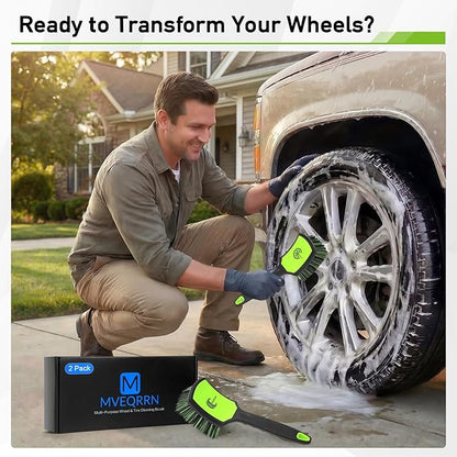 MVEQRRN 2-Pack Car Wheel Tire Detailing Brush Set:Wheel Cleaner Brush with Soft Bristles,Stiff Bristle Cleaning Brush with Rubber Handle for Deep Clean Car Tire Rims, Fenders or Carpet(Black Green)