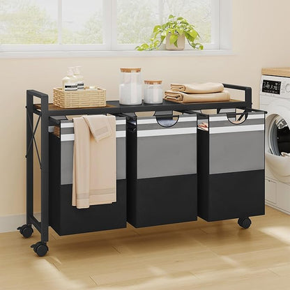 FAVOOSTY Laundry Sorter with Shelf,Laundry Basket Organizer,Laundry Hamper with Shelf, 3 ×11 Gal（50L）3 Section Laundry Sorter with Pull-Out Removable Oxford Fabric Bags and Movable Wheels Grey Black