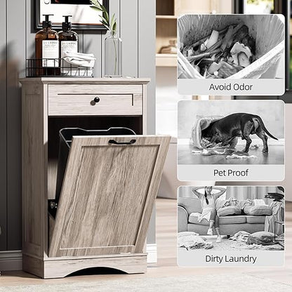 AHB 13 Gallons Tilt Out Trash Cabinet Hidden Trash Can Cabinet Freestanding Garbage Recycling Cabinet with Hideaway Drawer Pet Proof Trash Bin for Kitchen Living Room, Grey