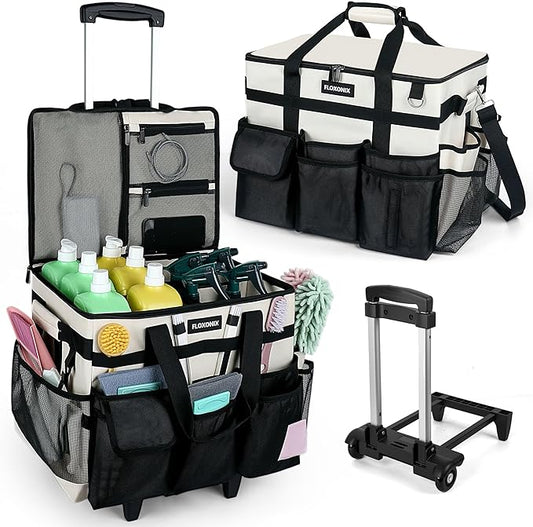 Large Rolling Cleaning Caddy Bag with Wheels, with Detachable Trolley, Cleaning Bags on Wheels for Housekeepers, Cleaning Cart Supplies Organizer for Home, Car, Picnic (Beige)
