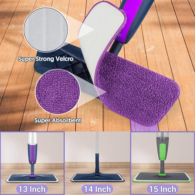 ARSUK Reusable Mop Pads Compatible with Swiffer PowerMop – Washable Velcro Replacement Microfiber Refills for 13''–16'' Spray Mop, Multi-Surface Cleaning Pads (3 Purple + 3 Green)