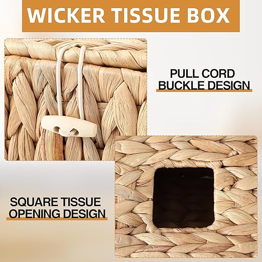 BSSN Water Hyacinth Wicker Trash Can with Lid and Tissue Box Cover Set, 3 Gallon Rattan Bathroom Wastebasket, Boho Bathroom Accessories for Bedroom, Toilet, Office, Natural