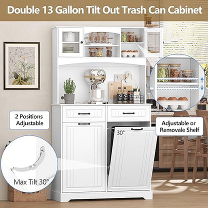 Double 13 Gallon Tilt Out Trash Can Cabinet with Deodorizing Function and Power Outlet, 71" Tall Wooden Garbage Can Holder Cabinet with 2 Storage Hutch & 2 Drawers for Kitchen and Dining Room, White
