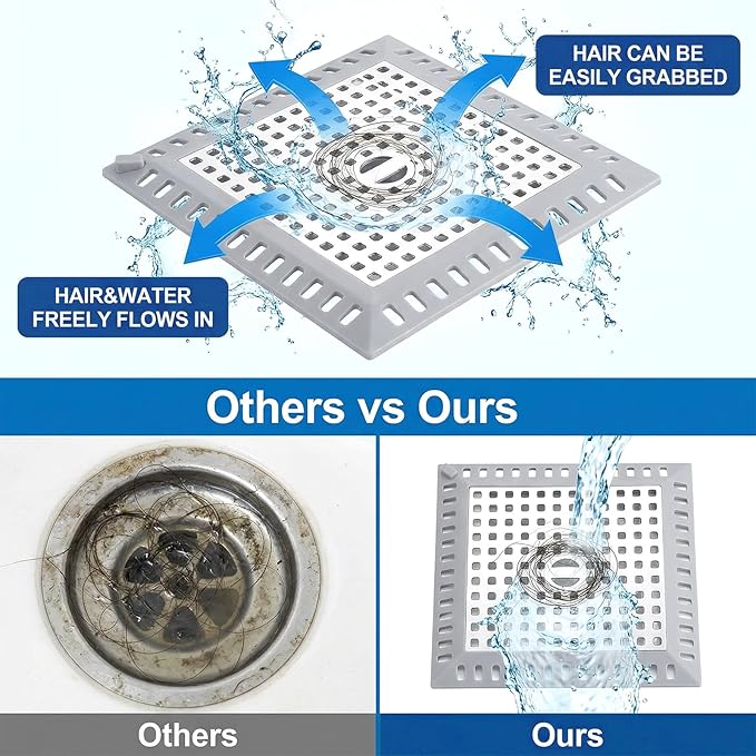 Stainless Steel Square Shower Drain Cover, Square Shower Drain Hair Catcher with Silicone for Bathroom Floor to Keep Away from Clogged Drains