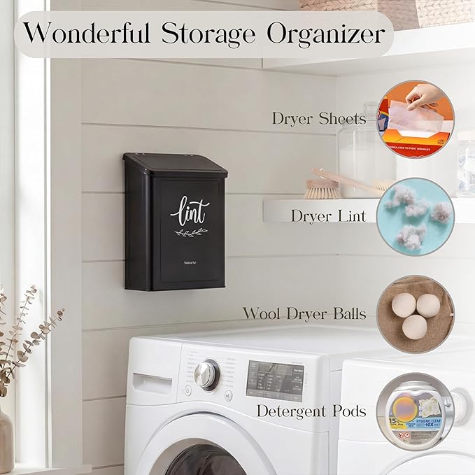 Perfnique Magnetic Lint Bin for Laundry Room with Lint Brush, Wall Mounted Lint Holder Trash can with lid for Dryer, Modern Farmhouse Rustic Metal Laundry Room Storage Organization and Decor(Black)