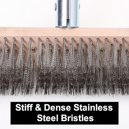 Stainless Steel Wire Scrub Brush with 63" Long Handle, 2PCS 8" Brush Heads, Heavy Duty Large Wire Brush, Stiff Metal Bristle Floor Scrubber, Patio Floor Cleaning, Wire Broom for Concrete, Deck, Moss