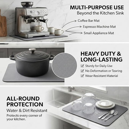 Extra Large Dish Drying Mats: 33"L x 17"W XXL Customizable Trimmable Non-Slip Absorbent Mat, Oil Stain Resistant Easy Clean Drip Catcher Counter Protector for Kitchen Sink Coffee Bar Espresso Machine