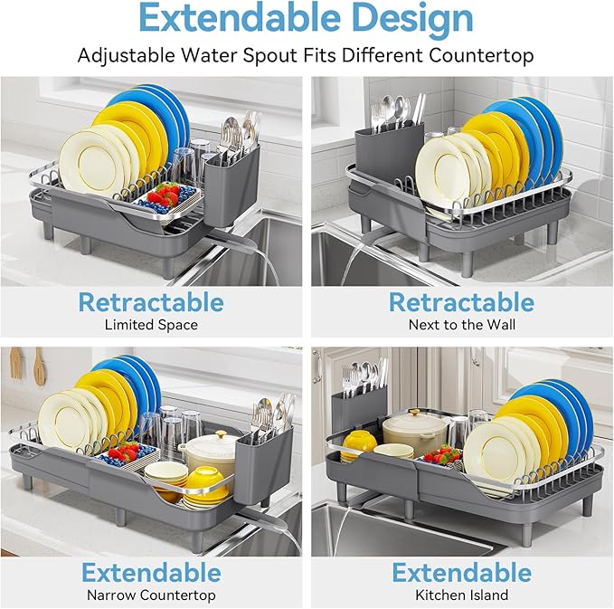 Urackify Expandable Dish Rack for Kitchen Counter, 16.14"-23.62" Large Stainless Steel Dish Drying Rack with Adjustable Water Spout, Space Saving Dish Drainer with Auto Draining Cutlery Holder,Grey