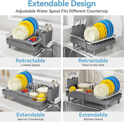 Urackify Expandable Dish Rack for Kitchen Counter, 16.14"-23.62" Large Stainless Steel Dish Drying Rack with Adjustable Water Spout, Space Saving Dish Drainer with Auto Draining Cutlery Holder,Grey