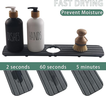 NiuYichee 17inch x 4inch Kitchen Sink Faucet Mat, Water Absorbing Stone Faucet Splash Guard for Bathroom Counter, Quick Drying Diatomite Tray for Kitchen Sink, Dark Gray