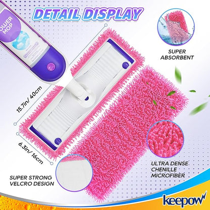 KEEPOW Reusable Microfiber Mop Pads for Swiffer PowerMop, 4 Count, Pink, Machine Washable, Compatible with 13-15 Inch Spray Mop, Multi-Surface Floor Cleaning
