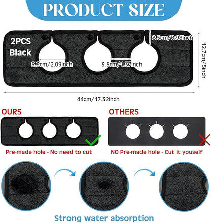 Teenyyou 2 Pcs Faucet Mat for Kitchen Sink Splash Guard for Kitchen Sink Faucet Dish Drying Mat for Bathroom Sponge Holder(Black,3 Round Holes)