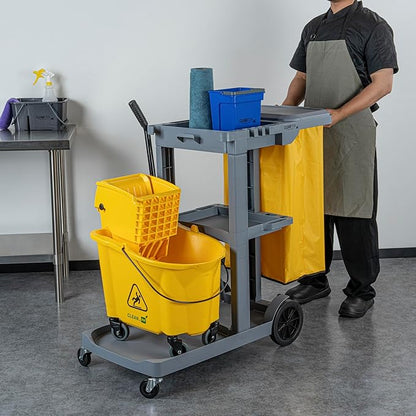 Restaurantware-Clean Tek Professional Janitor Cart with Wheels, 1 Cleaning Trolley with Cover and 18 Gallon Bag - 3 Shelves, Heavy-Duty, Gray Plastic Commercial Janitorial Cart, for Restaurants