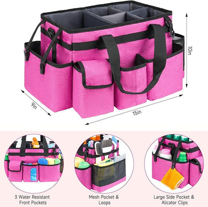 Cleaning Caddy Bag,Large Cleaning Supplies Organizer with Handle for Housekeepers,Rose Red
