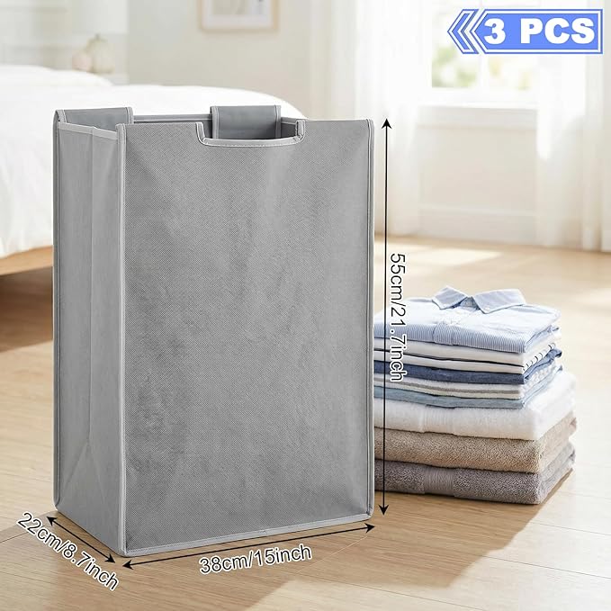 SHENLIU 3 Bag Laundry Sorter Replacement Bags, 21"H×15"L×9"W Large Gray Hamper Cart Removable Laundry Storage Organizer Bag Hamper Liner with 6Pcs Hangers and Carry Handle