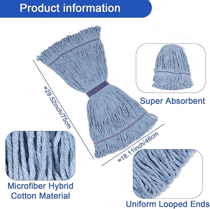 6 Pack Mop Head Replacement Commercial Heavy Duty Cotton Blue Mop Heads Replacement Reusable Looped End String Mop Refill for Industrial Residential Use