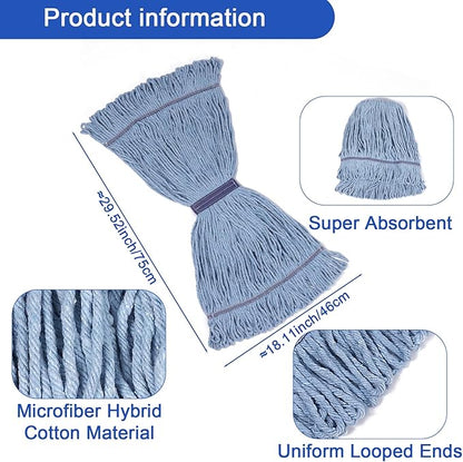 6 Pack Mop Head Replacement Commercial Heavy Duty Cotton Blue Mop Heads Replacement Reusable Looped End String Mop Refill for Industrial Residential Use