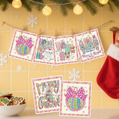 Christmas Swedish Dishcloths for Kitchen - 6PCS Pink Christmas Swedish Cloths for Washing Dishes, Nutcracker Xmas Reusable Dish Towels, Gingerbread Washable Cleaning Sponge Gifts Fast Drying