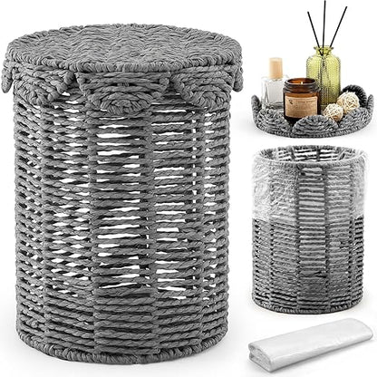 Ctosree 1.3 Gallons Small Wicker Trash Can with Lid Handle Woven Wicker Rattan Bathroom Waste Basket Boho Trash Basket with 100 Plastic Garbage Bags for Bedroom Office Laundry (Scalloped Style, Gray)