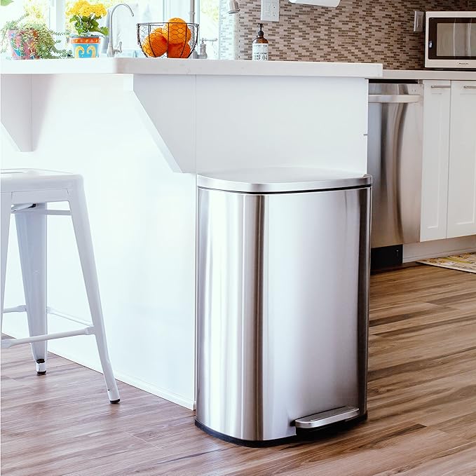 QUALIAZERO 50L/13Gal Heavy Duty Hands-Free Stainless Steel Commercial/Kitchen Step Trash Can, Fingerprint-Resistant Soft Close Lid Trashcan, 50L / 13 GAL