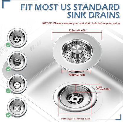 3 in 1 Kitchen Sink Drain Strainer ，304 Stainless Steel Kitchen Sink Stopper and Basket,Long-Term Water Storage，Bass Bounce Core，General，Filter for Standard 3-1/2 inch Drain