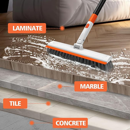 NEWE Floor Scrub Brush with Long Handle, 2 in 1 Stiff Bristles Scrubber Mop with Squeegee for Cleaning Deck Tile Tub Garage Patio Wall Sink Bathroom Kitchen