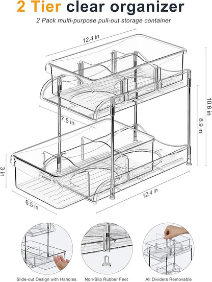 Sevenblue Under Sink Organizer, Bathroom Organizers and Storage, 2 Tier Multi-Use Pull Out Cabinet Organizer with Hang Hooks and Cups (transparent, 2 Pack)