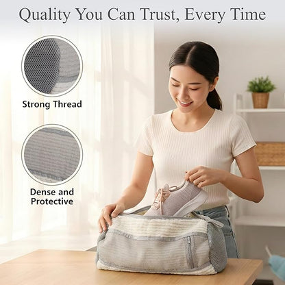 Shoe Washing Machine Bag, 2 Pcs Reusable Laundry Shoe Bag for Washer and Dryer, 360 Deep Cleaning Sneaker Washing Bag with Zipper, Mesh Pockets and Hanging Strip, Fits All Shoe Types & Sizes, Cream