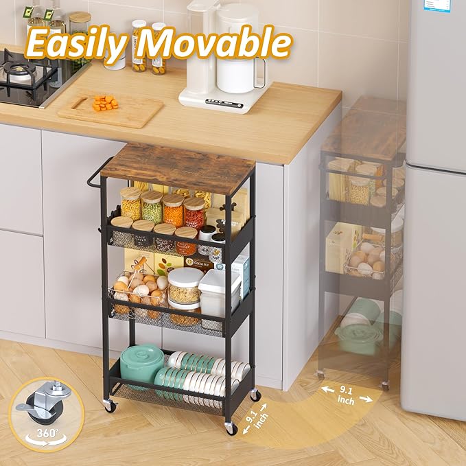 9.1" Wide Slim Rolling Utility Cart, 4 Tier Metal Narrow Storage Cart with Handle and Wood Top, Multifunctional Small Mobile Shelf Unit Organizer Trolley for Laundry, Bathroom, Kitchen