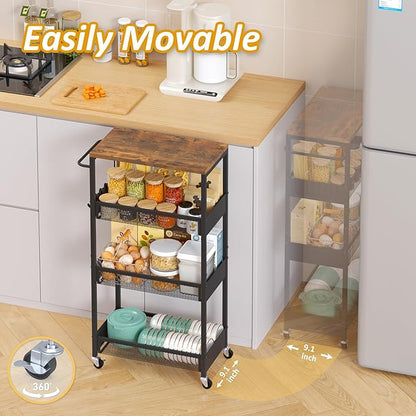 9.1" Wide Slim Rolling Utility Cart, 4 Tier Metal Narrow Storage Cart with Handle and Wood Top, Multifunctional Small Mobile Shelf Unit Organizer Trolley for Laundry, Bathroom, Kitchen