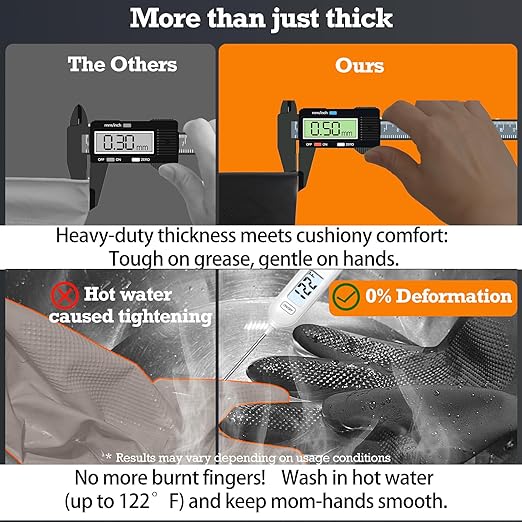 Thick Rubber Cleaning Gloves - 3 Pairs Black Rubber Gloves for Dishwashing Large, Non-Slip Kitchen Gloves for Washing Dishes, Reusable Cleaning Gloves, Waterproof, Heavy-Duty (3P,L)