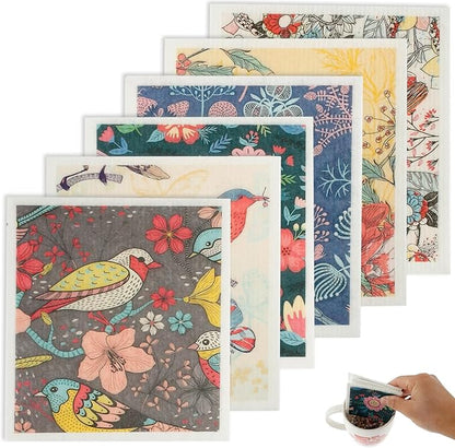 6Pcs Swedish Dishcloths for Kitchen, Quick-Drying Reusable Paper Towels, Absorbent Washable Kitchen Dish Rags, Soft Cellulose Sponge Cloths for Countertop Sink Flower Bird (6pcs Colorful Birds)
