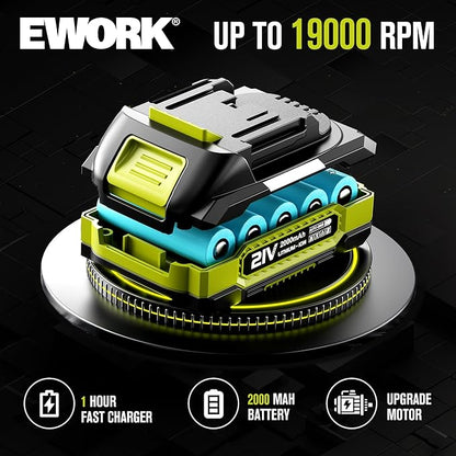 EWORK Lightweight Leaf Blower Cordless 21V 130CFM & 200MPH Mini Electric Leaf Blower with Battery and Fast Charger, Battery Powered Small Blower for Jobsite, Patio Cleaning, Lawn Care