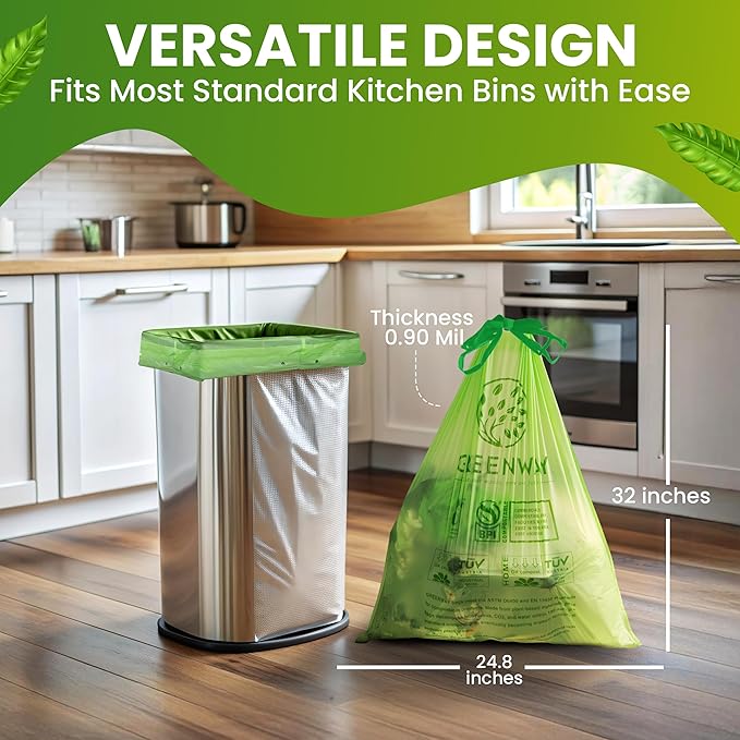 GREENWAY 13 Gallon Compostable Drawstring Trash Bags – Extra Thick 1.0 Mil – 50 Count – BPI & OK Home Certified – Leak‑Proof Kitchen Garbage Bags for Food Waste, Diaper Pails & Tall Bins