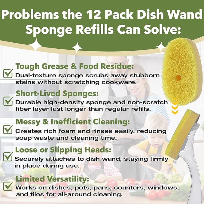 12 Pcs Dish Wand Sponge Refills – Compatible with Scrub Daddy Dish Wand, Non-Scratch Replacement Heads for Kitchen Cleaning, Yellow (Sponge Heads Only)