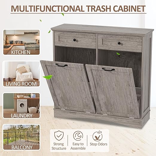 AHB Double Tilt Out Trash Can Cabinet Freestanding Kitchen Trash Can, 2x13 Gallons Hidden Garbage Recycling Cabinet with Hideaway Drawers Pet Proof Trash Can Holder for Kitchen, Grey