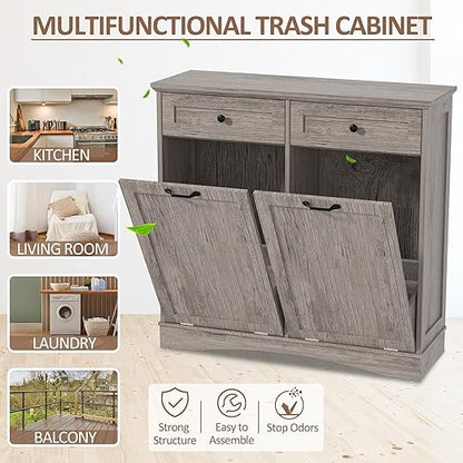 AHB Double Tilt Out Trash Can Cabinet Freestanding Kitchen Trash Can, 2x13 Gallons Hidden Garbage Recycling Cabinet with Hideaway Drawers Pet Proof Trash Can Holder for Kitchen, Grey