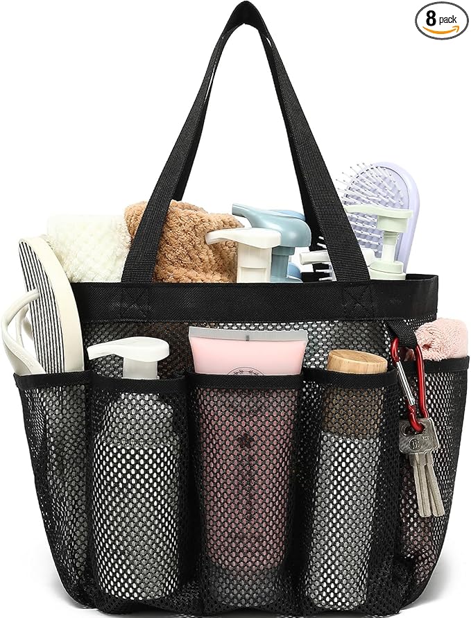 Fammart Mesh Shower Caddy Portable for College Dorm Room Essentials, 8-Pocket Large Shower Basket Tote Bag with 2 Handles for Toiletry, Bathroom, Beach, Camp, Gym
